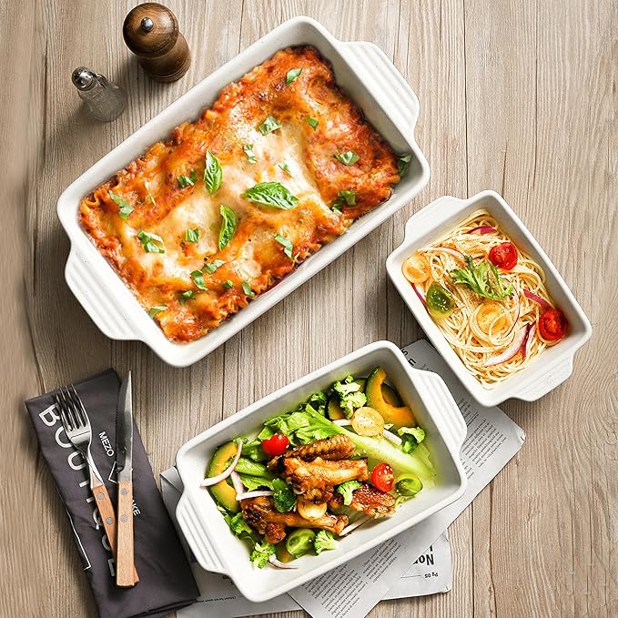 Ceramic Baking Dish, Casserole Dishes for Oven, Extra Deep Lasagna Pans with Handles, Rectangular Bakeware Set of 3 from Oven to Table, Easy to Clean, 14.7 x 8.7 x 3 Inches, White