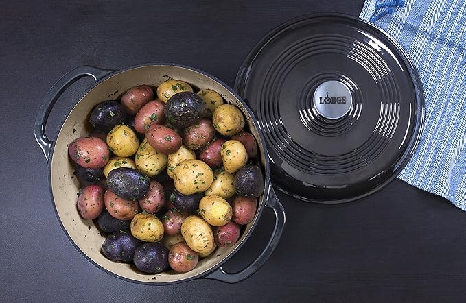 Lodge 6 Quart Enameled Cast Iron Dutch Oven with Lid – Dual Handles – Oven Safe up to 500° F or on Stovetop - Use to Marinate, Cook, Bake, Refrigerate and Serve – Midnight Chrome