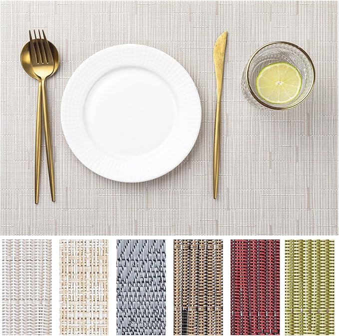 LEXMORE PVC Woven Placemats 8 PCS Wipeable Indoor/Outdoor Table Mats Washable Vinyl Place Mats for Dining Table, Set of 8-Pale Beige
