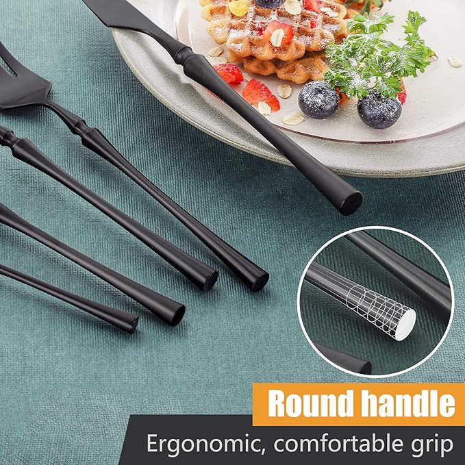 Lemeya 20-Piece Matte Black Silverware Set for 4,Modern 18/10 Stainless Steel Flatware Set,Unique Rustic Cutlery Utensils Set,Spoon and Fork Set for Home, Restaurant,Mirror Polished,Dishwasher Safe