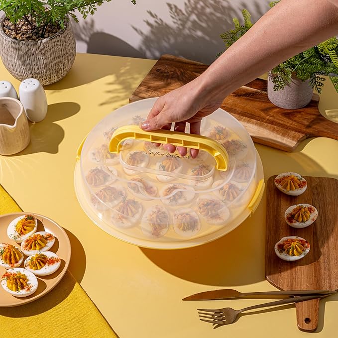 Classy Deviled Egg Carrier with Lid & Handles - Portable Egg Tray Platter for Holidays & Parties - Dishwasher-Friendly - Yellow