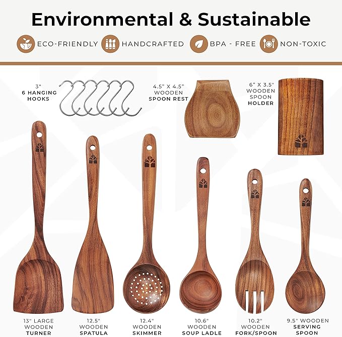 8 Pcs Teak Wooden Utensil Set with Holder, Spoon Rest & 6 Hooks - Durable Wooden Spoons for Cooking with Comfort Grip - Effortless Clean, Non-Stick Friendly