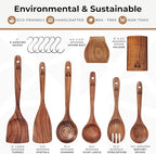 8 Pcs Teak Wooden Utensil Set with Holder, Spoon Rest & 6 Hooks - Durable Wooden Spoons for Cooking with Comfort Grip - Effortless Clean, Non-Stick Friendly