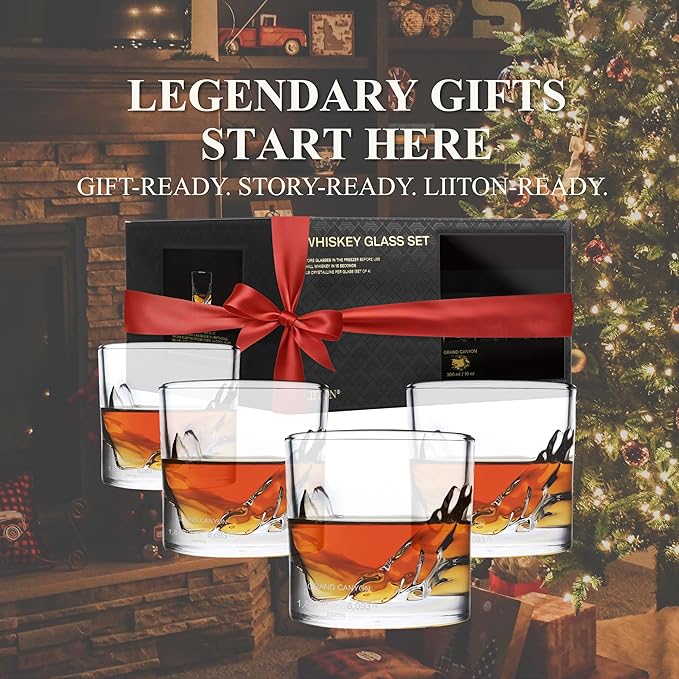 LIITON Grand Canyon Heavy Crystal Whiskey Glasses Gift Set of 4, Thick Freezable Bourbon Glass 1lb Each, Premium Whiskey Gifts for Men, Frozen Crystal Chills Cocktails, 10 oz