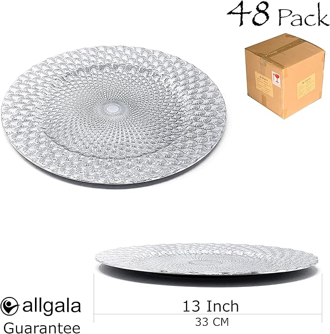 Allgala Heavy Quality Round Charger Plates - 13-Inch Set for Table Decor - Ideal for Weddings, Thanksgiving Parties & Holidays - Peacock Silver (48-Pack)