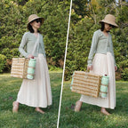 Picnic Basket for 2, Insulated Willow Picnic Baskets with Shoulder Strap, Picnic Hamper with Waterproof Picnic Blanket, Handmade Wicker Hamper for Outdoor Camping, Green Check