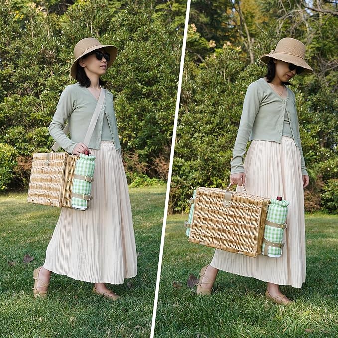 Picnic Basket for 2, Insulated Willow Picnic Baskets with Shoulder Strap, Picnic Hamper with Waterproof Picnic Blanket, Handmade Wicker Hamper for Outdoor Camping, Green Check