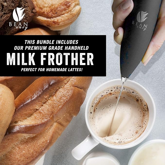 Bean Envy French Press Coffee Maker and Milk Frother Set - 34 oz Glass Carafe Coffee Press & Drink Mixer Duo w/ Stainless Steel Stand