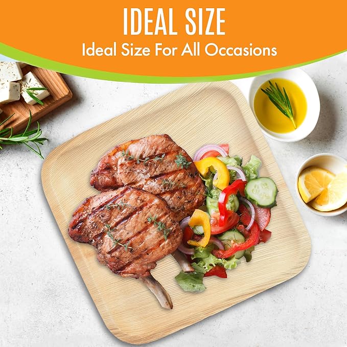 Raj Palm Leaf Plates Bulk [50-Pack] 10" Square Plates (4 CASES - 200 PACK) like Bamboo plates Disposable, Strong, Decorative Compostable Tableware for weddings, Lunch, Dinner, Birthday, Camping