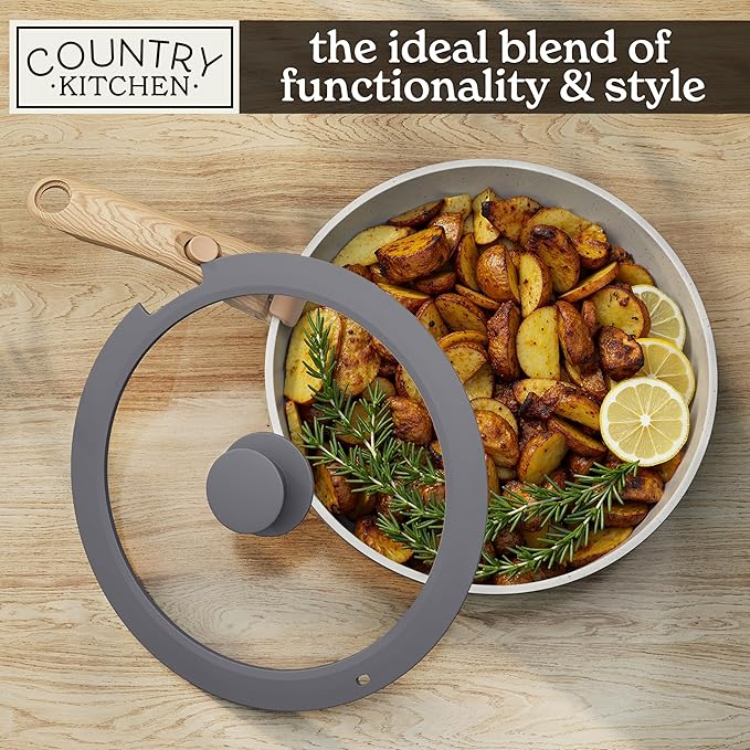 Country Kitchen Cookware Set with Removable Handle, Oven & RV Safe Pots and Pans Set, Grey/Ivory Wood Handle, Original