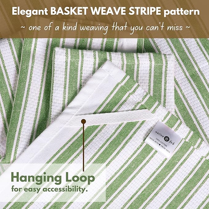 Native Fab Stripe Kitchen Towel - 4 Pack - Basket Weave 100% Cotton Dish Towels - 16x26 inches - Absorbent Towels for Cleaning, Quick Drying, Washable Dish Cloths with Hanging Loop - Mint Green