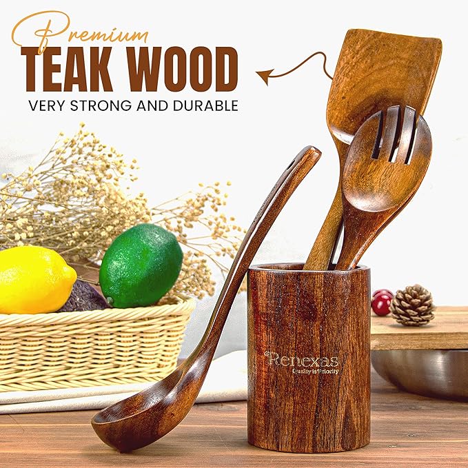 Wooden Spoons for Cooking Utensils, Natural Teak Wooden Cooking Spoons with Nonstick Spatula Set, Bamboo Kitchen Utensils With Holder, Wood Spoon Set for Kitchen Essentials (12)