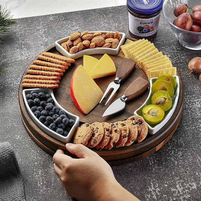 Shanik Acacia Wood Lazy Susan Cheese Board Set – Rotating Charcuterie Platter, Elegant Serving Tray for Appetizers, Snacks, Parties & Weddings