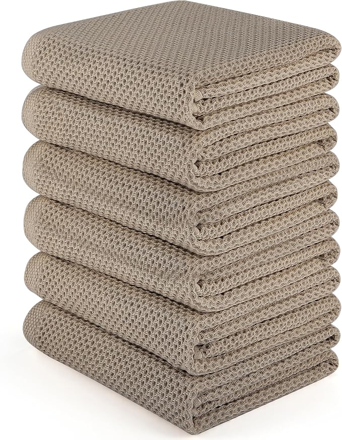 Large Kitchen Hand Towels,6 Pack Cotton Waffle Weave Dish Towel for Drying, Cleaning Cloth for Kitchen Dishes - Extra Absorbent and Soft - 16 x 28 inch (Brown-6 Pack)