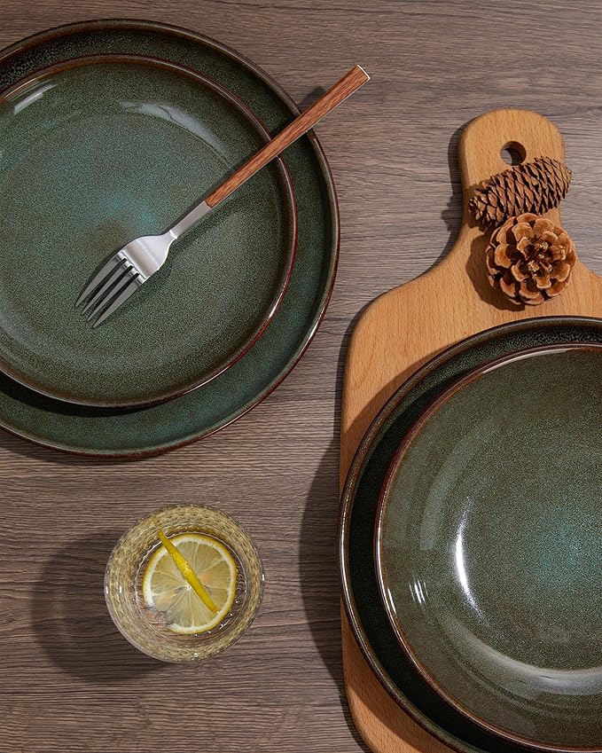 12 Piece Dinnerware Sets with Pasta Bowls, Stain Resistant Dish Set, Easy Cleaning Dishes, Multi-Functional Plate and Bowl Set, Stack Compactly Plates, Service for 4 Sage Green
