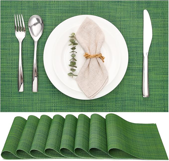Myir JUN Placemats Set of 8, Vinyl Woven Placemats Place Mats Indoor Set of 8 Washable Table Mats Non-Slip Place mats for Dining Table (Dark Green, Set of 8)