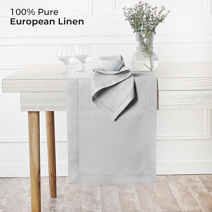 D'Moksha Homes Linen Silver Grey Table Runner 60 Inches - Classic Hemstitch, 100% Pure Linen Coffee Table Runner 14 x 60 Inch Ideal for Dresser Tables - Summer, Fall and Halloween