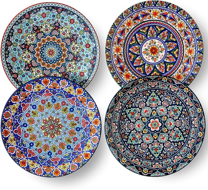 glowworm Dinner Plates Set of 4, 10.5 Inch Ceramic Plates for Steak, Dishes Set for Kitchen, Housewarming Gift，Microwave, Oven & Dishwasher Safe, Bohemian