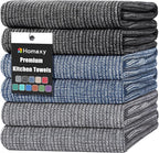 Homaxy Premium Kitchen Towels(18”x 28”, 6 Pack), Large Cotton Kitchen Hand Towels, Flat and Terry Dish Towels, 380 GSM Highly Absorbent Tea Towel Set with Hanging Loop, Navy Blue/Grey/Black