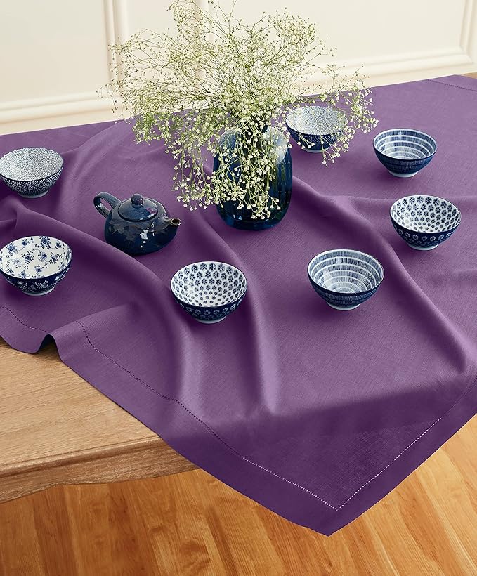 Solino Home Square Linen Tablecloth 52 x 52 Inch - 100% Pure Linen Purple Table Throw - Classic Hemstitch, Machine Washable Table Cloth for Summer, Fall, Autumn, Halloween