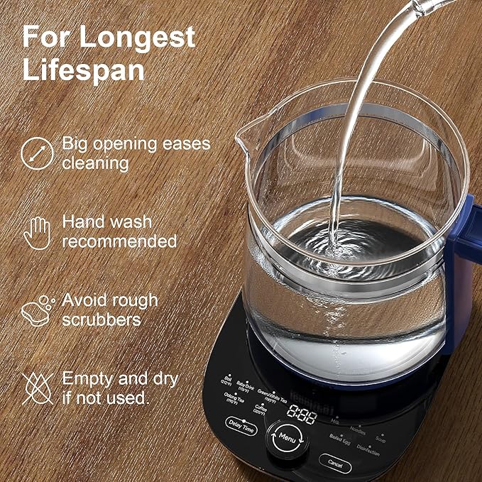 Electric Kettle, 1.5L Borosilicate Glass Hot Water Kettle Electric & Tea Kettle for Coffee or Tea, BPA Free, Auto Shut-Off, Stainless Steel, Blue, 1200w