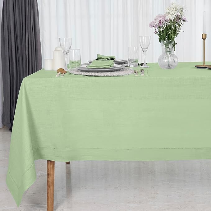 D'Moksha Homes Sage Green Linen Tablecloth for Rectangle Tables 60 x 144 Inch - 100% Pure Linen Green Table Cloth - Classic Hemstitch, Machine Washable Dining Tablecloth for Summer, Fall and Halloween