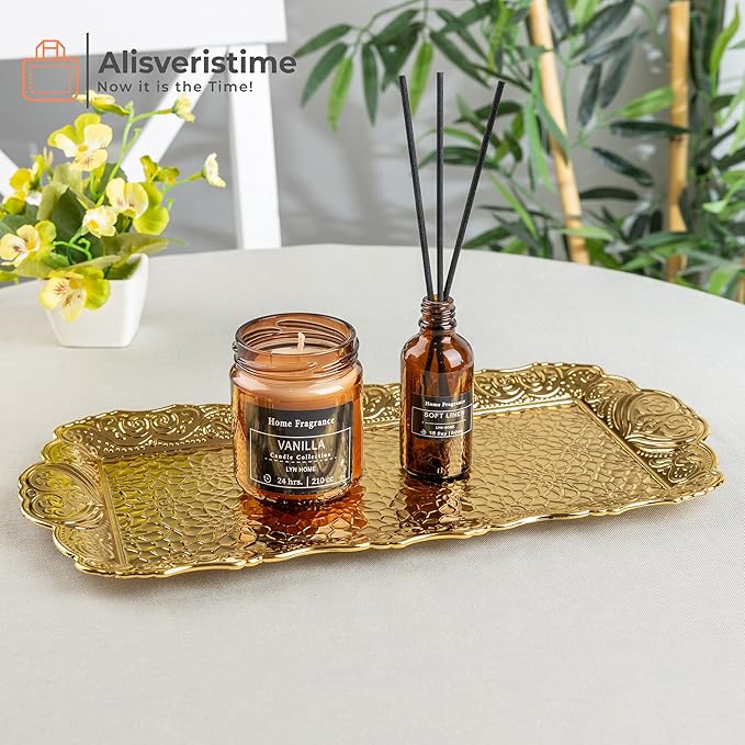 Alisveristime Small Ornate Metal Serving Tray – Ottoman Motif Decorative Tray (14.2" x 7.1", 10.8 oz) (Gold)