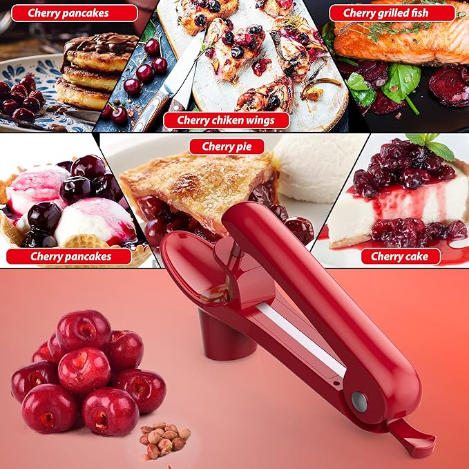 Cherry Pitter - Ordekcity Stainless Steel Cherries Corer Pitter Tool with Hand-held Push Design, Save Time & Space for Making Cherry Jam with Lock Design(Red)