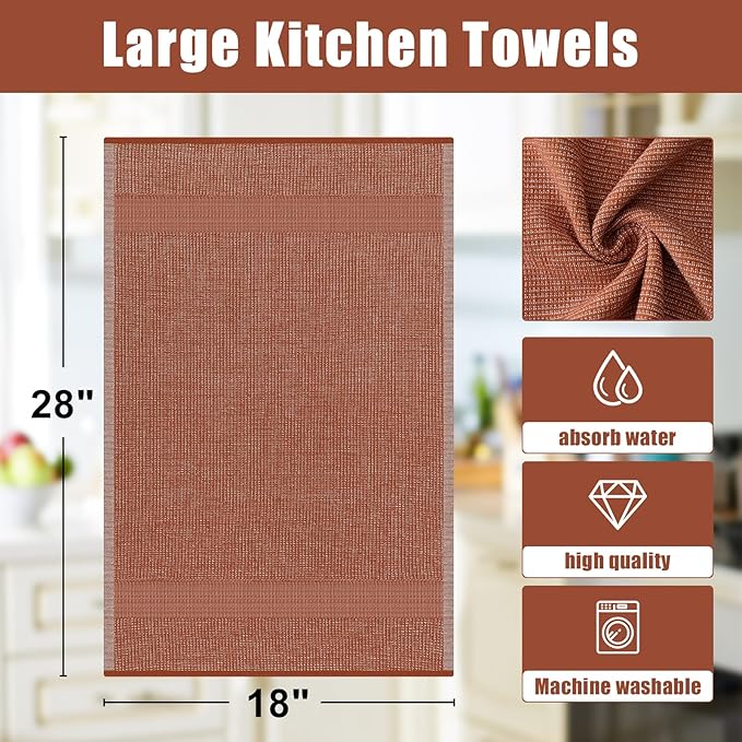 Homaxy Premium Kitchen Towels(18”x 28”, 8 Pack), Large Cotton Kitchen Hand Towels, Flat and Terry Dish Towels, 380 GSM Highly Absorbent Tea Towel Set with Hanging Loop, Rust