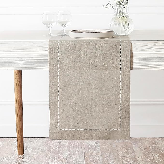 D'Moksha Homes Linen Natural Table Runner 108 Inches Long - 100% Pure Linen 14 x 108 Inch Table Runner for Summer, Fall and Halloween - Classic Hemstitch