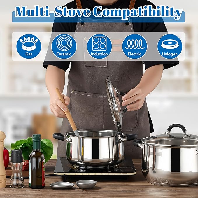 E-far 5Qt Stainless Steel Pot, Stock Pot with Glass Lid for Cooking Pasta Soup Sauce, Tri-Ply Induction Thick Base & Cool-Touch Handles, All Stoves & Dishwasher Safe