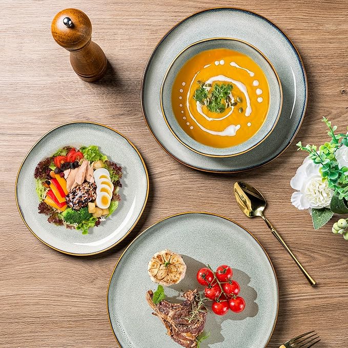 AmorArc Ceramic Dinner Plates Set of 6, 10.5 Inch Handmade Reactive Glaze Stoneware Plates, Rustic Shape Dinnerware Dish Set for Kitchen, Microwave & Dishwasher Safe, Scratch Resistant