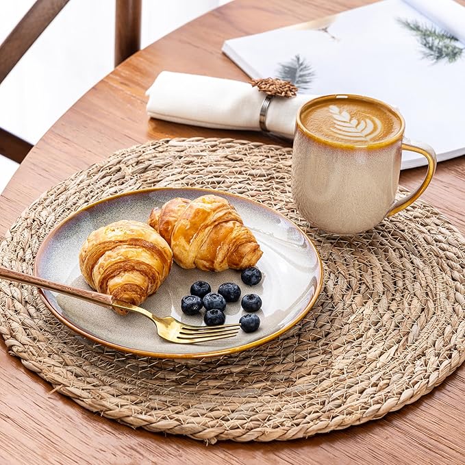 LERATIO Ceramic Dinnerware Sets for 4,16-Piece Reactive Glaze Plates and Bowls Set with Mugs,Highly Chip and Crack Resistant | Dishwasher,Microwave & Oven Safe Dishes set-Kahki