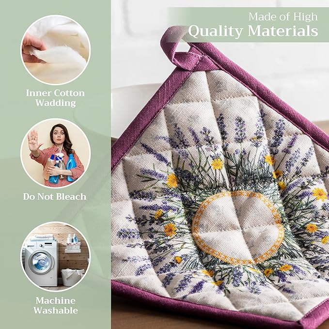 Maison d' Hermine Pot Holders 100% Cotton Heat Resistant Potholders 8" x 8" Hot Pads with Loop BBQ, Cooking, Baking, Grilling, Kitchen, Handling Hot Pans Spring/Summer (Pack of 1, Fanny Lavender)