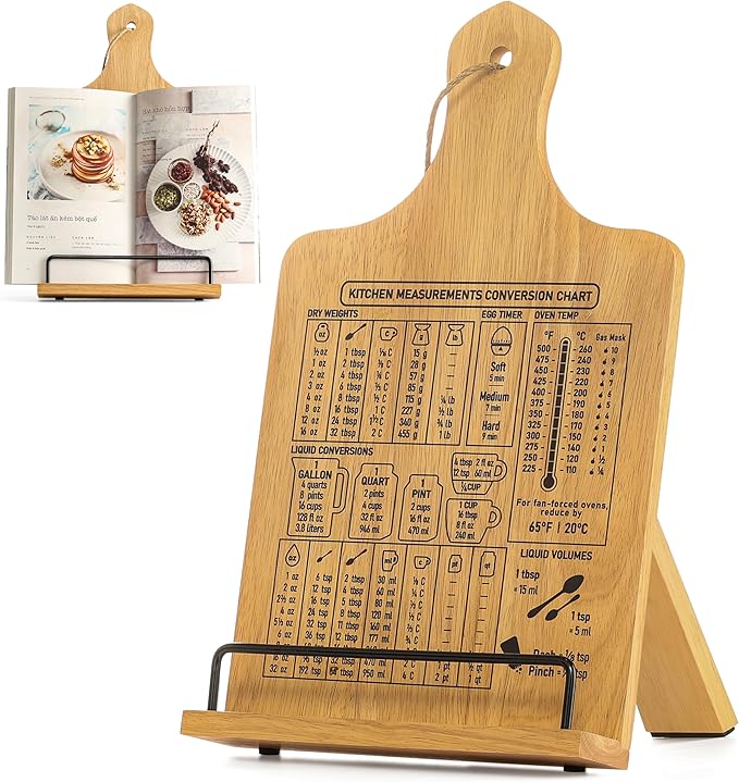 Cookbook Stand, Rustic Wood Cookbook Holder Cutting Board Style, Adjustable Recipe Ipad Tablet Book Holder and Stand for Kitchen with Anti-Slip Kickstand (Natural Conversion Chart)
