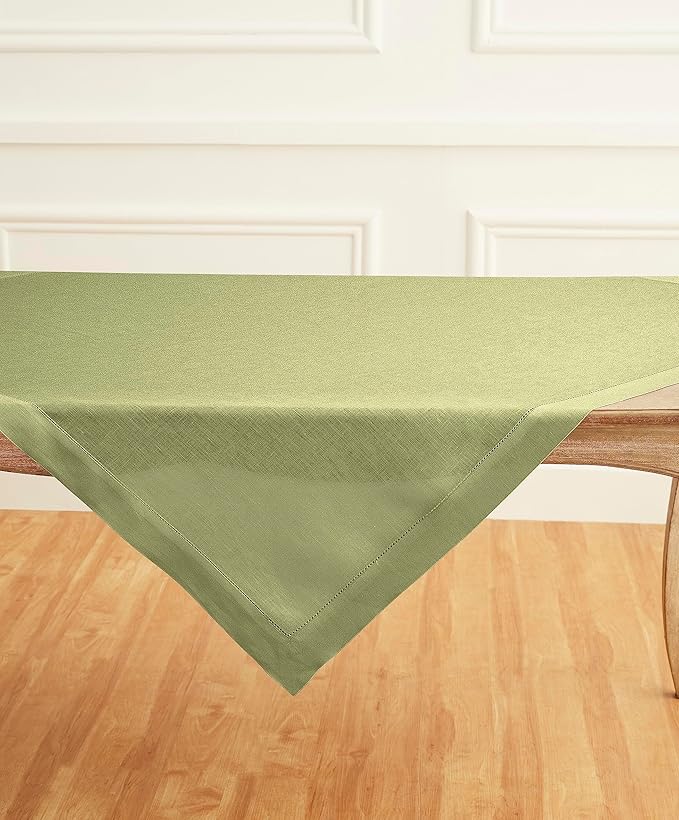Solino Home Square Linen Tablecloth 52 x 52 Inch - 100% Pure Linen Moss Green Table Throw - Classic Hemstitch, Machine Washable Table Cloth for Summer, Fall, Autumn