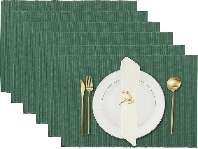 Foliage Green Placemats Set of 6, Cotton Ribbed Tabletop, Non-Slip Wrinkle Free Kitchen Table Mats for Dining Table, 13x19 Inch