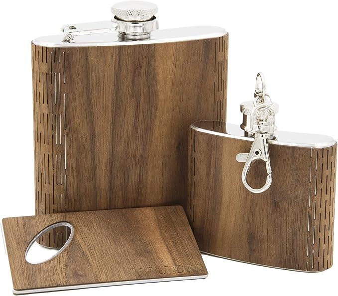 3-Piece Wooden Bar Set - 6 oz Hip Flask, 2 oz Keychain Flask & Credit Card Bottle Opener in Black Walnut