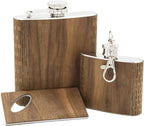 3-Piece Wooden Bar Set - 6 oz Hip Flask, 2 oz Keychain Flask & Credit Card Bottle Opener in Black Walnut