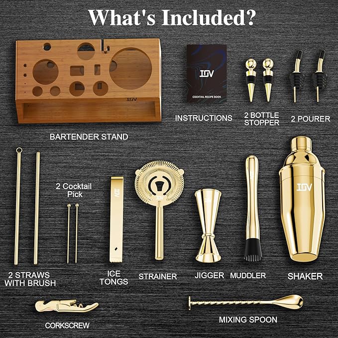IOV Cocktail Shaker Set Bartender Kit with Stand | Bar Set Drink Mixer Set Includes Martini Shaker, Jigger, Strainer, Mixing Spoon, Muddler, Recipe Book | Home Bar Accessories Gift Set (Gold)