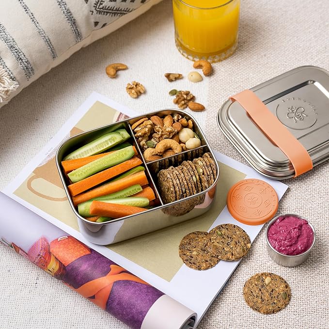 Everusely - Bento Box - Orange, 27oz / 0.8 L - Stainless Steel Lunch Box with Leakproof Condiment Container - 3 Compartment Snack Organizer for On the Go Meals - Freezer & Dishwasher Safe