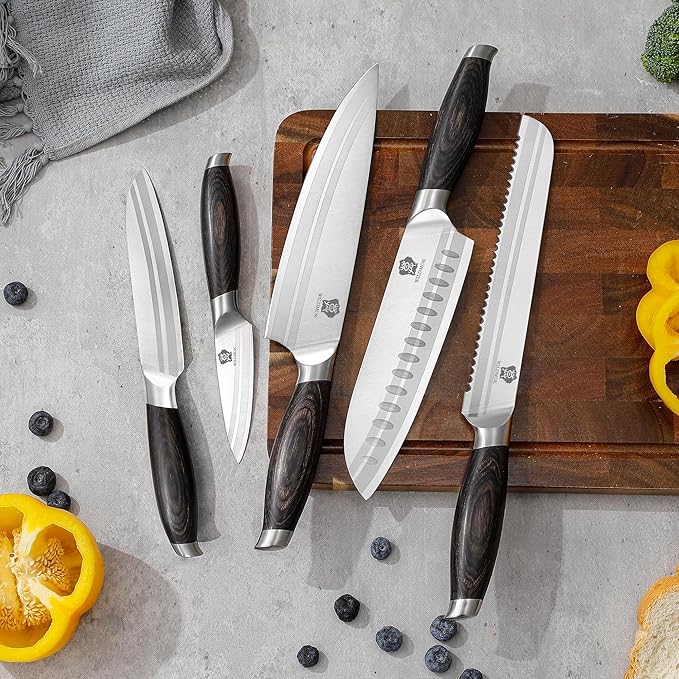 WILDMOK Professional Knife Set, 5 Pieces Kitchen Knife Set, German Stainless Steel Chef Knife Set withGift Box, Black Pakkawood Handle