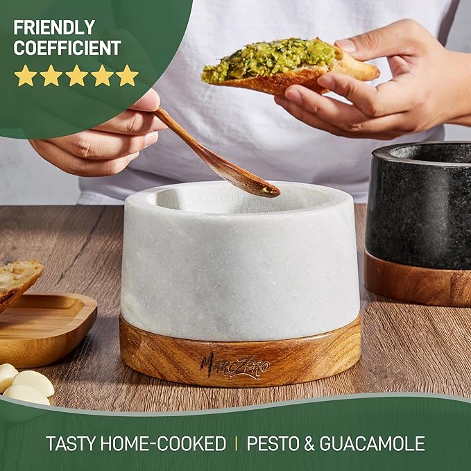 MarcZero 6inch Large Mortar and Pestle Set with Anti-Scratch Wooden Base, Heavy Duty Mortar and Pestle Made of Natural Marble(White)