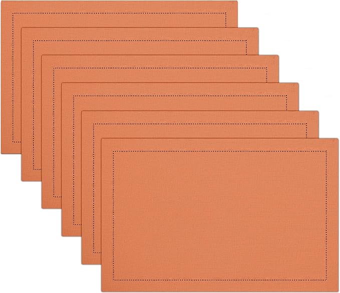 Ruvanti Linen Placemats Set of 6-13x19 Inch, Classic Hemstitch, Heat ‎Resistant Machine Washable Place Mats, Soft & Elegant- Perfect for Christmas, ‎Thanksgiving, Easter, Weddings, Dinner - Orange