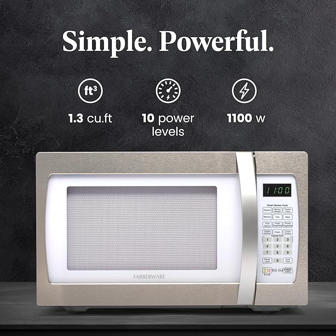 Farberware Countertop Microwave 1100 Watts, 1.3 cu ft - Smart Sensor Microwave Oven With LED Lighting and Child Lock - Perfect for Apartments and Dorms - Easy Clean Retro White, Platinum