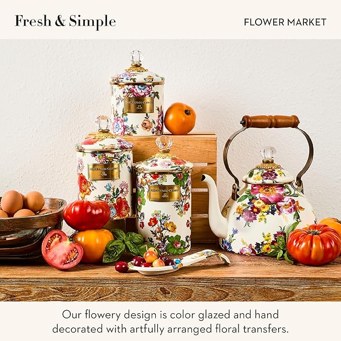 MACKENZIE-CHILDS Enamel Tea Kettle, Stylish Tea Kettle for Stovetop, White Flower Market, 3 Quarts