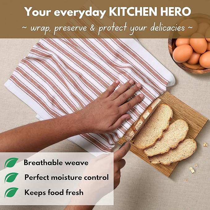 Native Fab Kitchen Dish Towels 16x26 inches - Set of 12 - Basket Weave 100% Cotton Striped Tea Towels, Wash Cloths for Drying Dishes, Absorbent Hand Towels with Hanging Loop - Rust