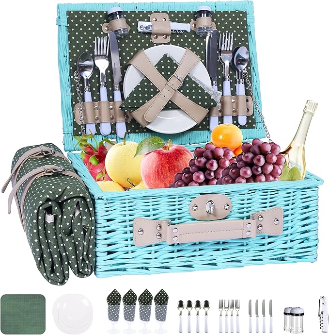 YPshuye Picnic Basket Set for 4 with Waterproof Blanket Mat Insulation Bag Wicker Blue Green Light Hawaiian Tropical Style Gift for Wedding Birthday Summer Camp Outdoor Camping Beach Travel Christmas