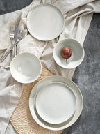 Famiware Moonlight Plates and Bowls Sets, 12 Pieces Stoneware Dinnerware Sets with Linen Finish, Handmade Dishware Set for 4, Microwave and Dishwasher Safe, Chip and Scratch Resistant, White