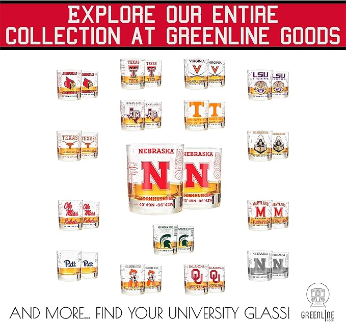 Greenline Goods – University of Nebraska Cornhuskers College Whiskey Glasses (Set of 2), 10 oz – Full-Color Logo + Campus Map
